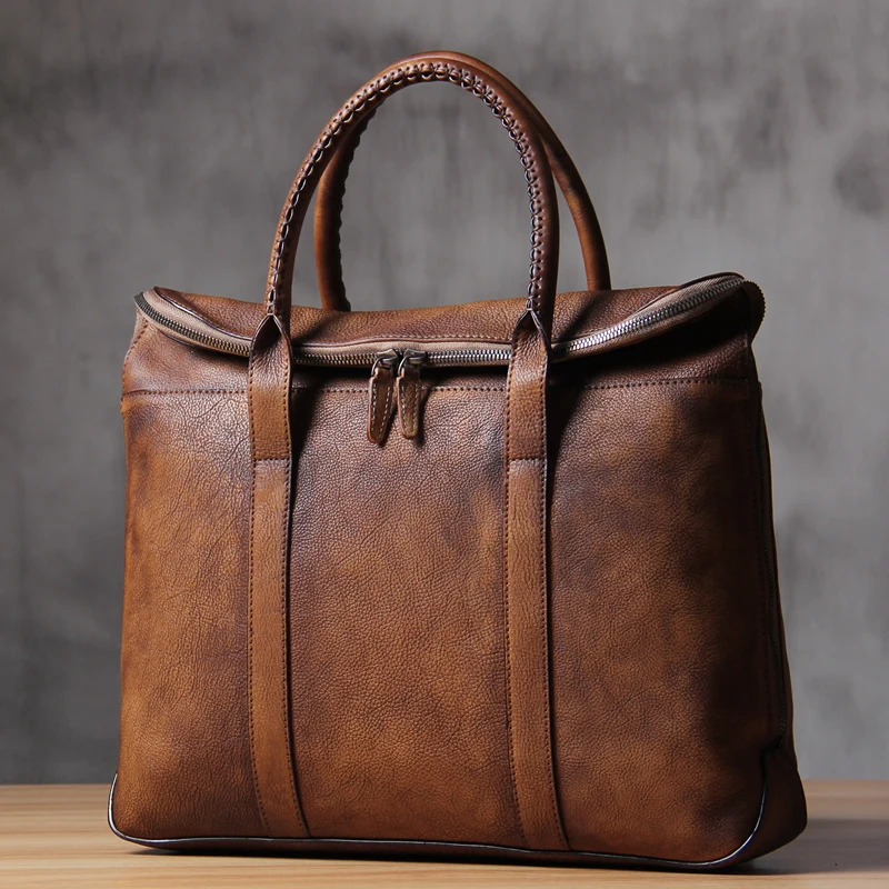 

2022 Brand Luxury Handmade Men's Briefcases Vegetable tanned Genuine Leather Laptop Bag Business Vintage Classic Male Briefcase