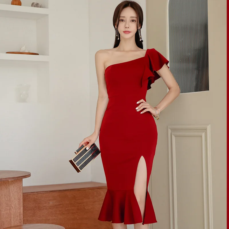 Sloping Shoulder Backless Banquet Dress Women's 2019 Autumn And Winter Slim Fit Slimming Fishtail Sheath Flounced Base Dress
Sloping Shoulder Backless Banquet Dress Women's 2019 Autumn And Winter Slim Fit Slimming Fishtail Sheath Flounced Base Dress