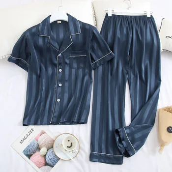Satin Striped 2PCS Lovers Sleepwear Pajamas Suit Shirt&Pants Nightwear Intimate Lingerie Casual Pijamas Homewear Silky Sleep Set
Satin Striped 2PCS Lovers Sleepwear Pajamas Suit Shirt&Pants Nightwear Intimate Lingerie Casual Pijamas Homewear Silky Sleep Set