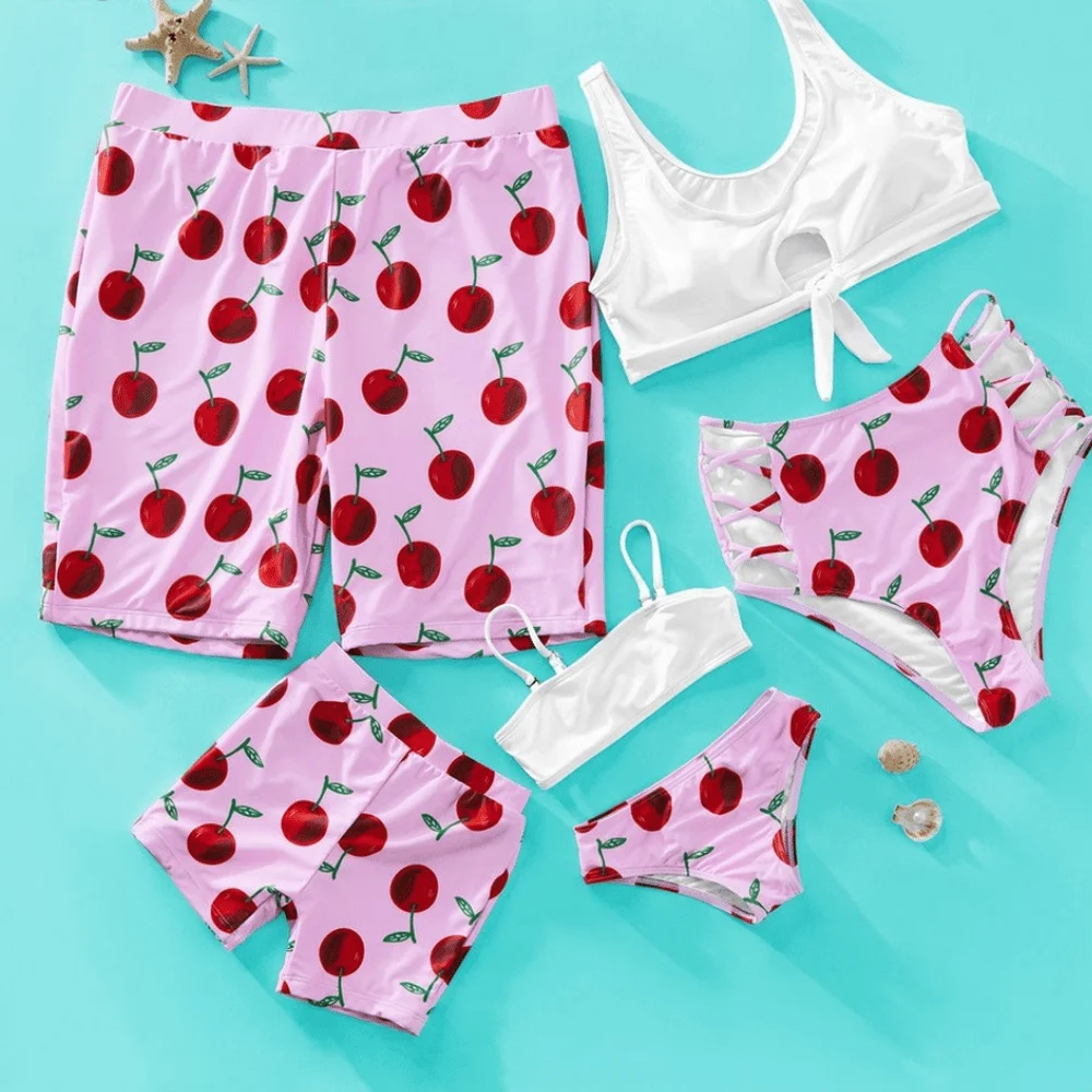 Family Look Pink Cheery Print Bow-knot Bikini Set Swimsuit Mom Daughter Dad and Son Beach Shorts Family Matching Swimwear
Family Look Pink Cheery Print Bow-knot Bikini Set Swimsuit Mom Daughter Dad and Son Beach Shorts Family Matching Swimwear