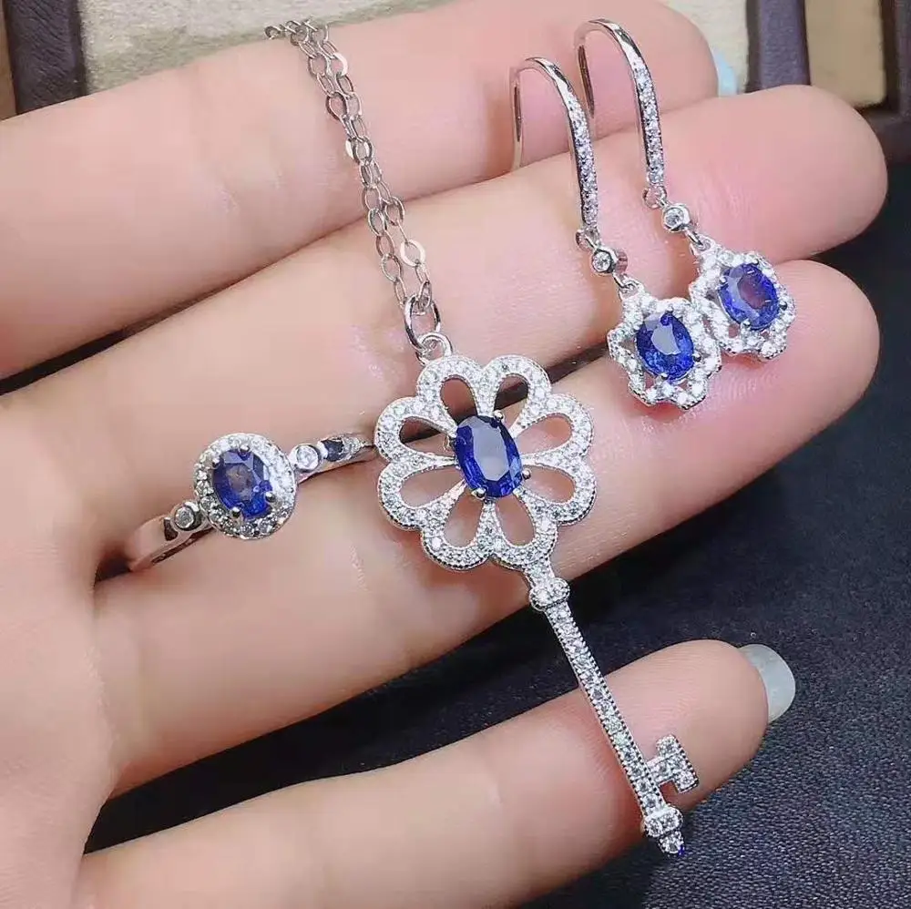 Natural Sapphire Gemstone Earrings Ring Key Modeling Necklace Set 925 Sterling Silver Fashion Fine Jewelry for women | Украшения и