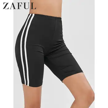 

ZAFUL High Waist Side Striped Shorts For Women Elastic Waist Patched Fitted Patch Designs Biker Basic Bottoms Female