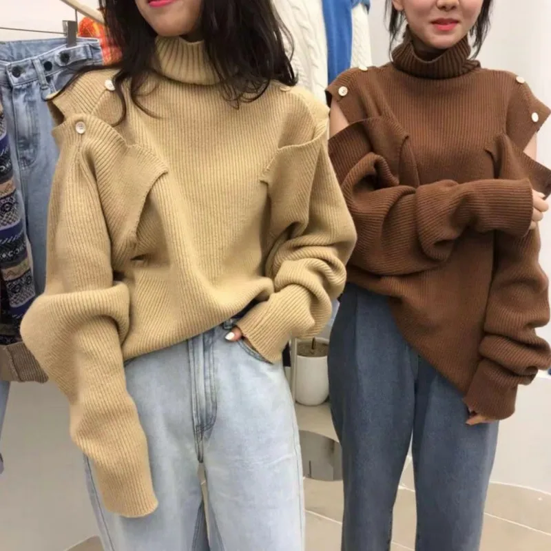 Fashion Women's Sweater 3 Colors Turtleneck Women Off-the-shoulder Adjustable Pullover Autumn Woman New 2019 | Женская одежда