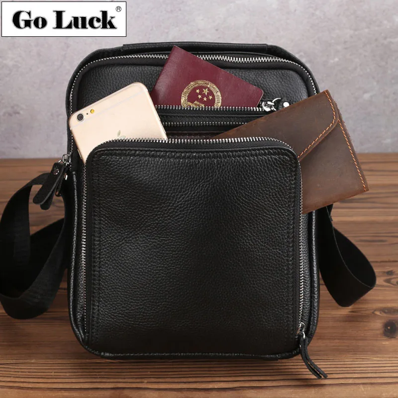 

GO-LUCK Brand Solid Black Genuine Leather 10' Ipad Zipper Pack Men Crosbody Shoulder Bag Men's Cowhide Messenger Bags