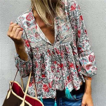 Laamei Boho Blouse Floral Print Lantern Sleeve Autumn Shirt Sexy Tassel V-Neck Women Tops Summer Lace Patchwork Retro Blouses 
Laamei Boho Blouse Floral Print Lantern Sleeve Autumn Shirt Sexy Tassel V-Neck Women Tops Summer Lace Patchwork Retro Blouses