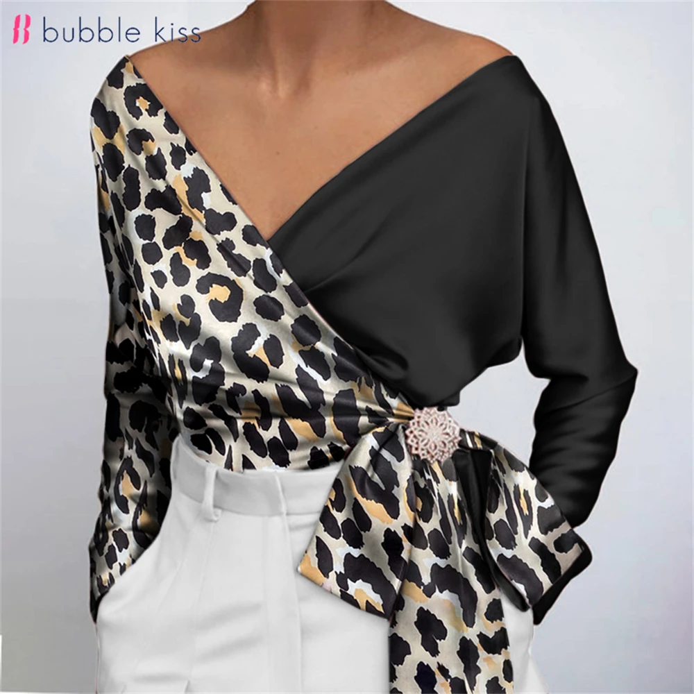 

BubbleKiss Satin Blouse Women Fashion Elegant Female Shirts Leopard Patchwork Blouses Sexy Deep V Neck Long Sleeve Belted Tops
