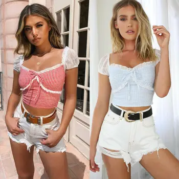 2019 Women Fashion Sweet Lace Short Sleeve Plaid T-shirt Summer Ladies Low Collar Bow Slim Tops
2019 Women Fashion Sweet Lace Short Sleeve Plaid T-shirt Summer Ladies Low Collar Bow Slim Tops