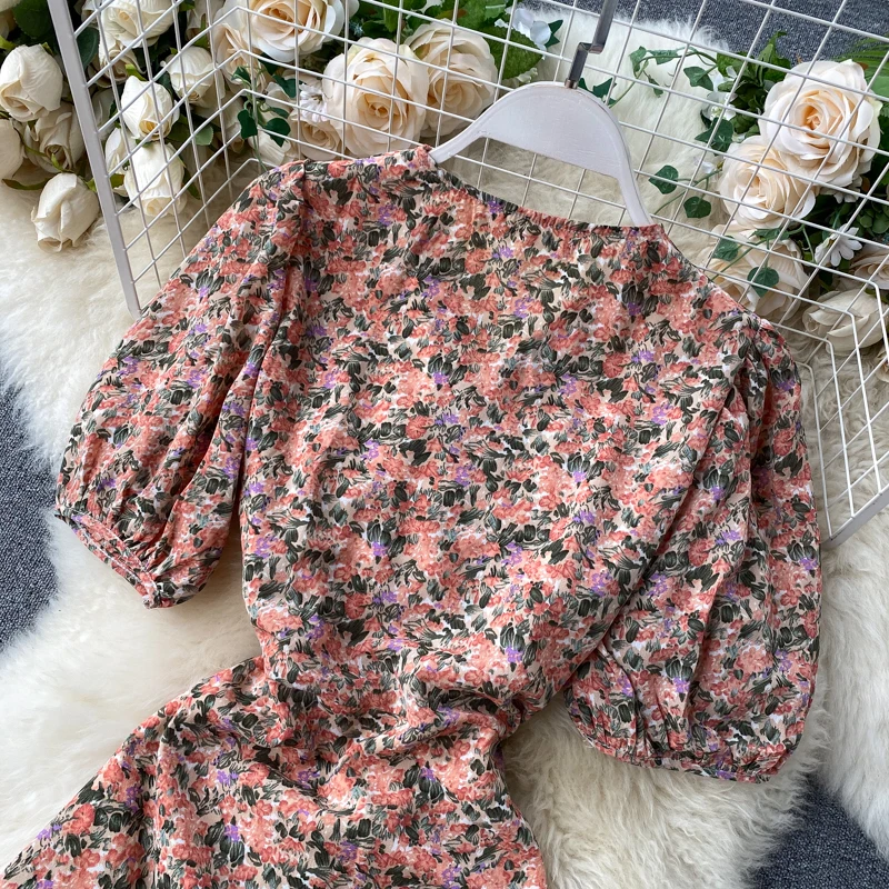 SINGRAIN 2020 Summer Floral dress Women puff sleeves flower print sundress Drawstring ruffles chiffon dress purple korean dress