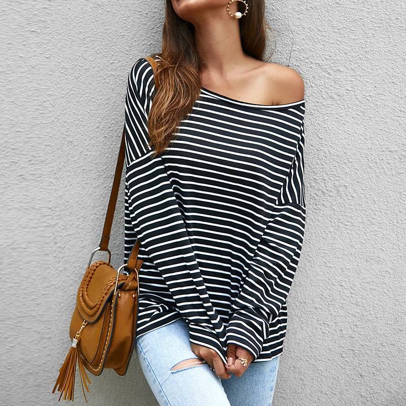 Harajuku Batwing Long Sleeve Shirts Women Striped Casual Loose T-shirt Girls Black Khaki Tee Flash Neck Pullover Top Blusa GV831 
Harajuku Batwing Long Sleeve Shirts Women Striped Casual Loose T-shirt Girls Black Khaki Tee Flash Neck Pullover Top Blusa GV831