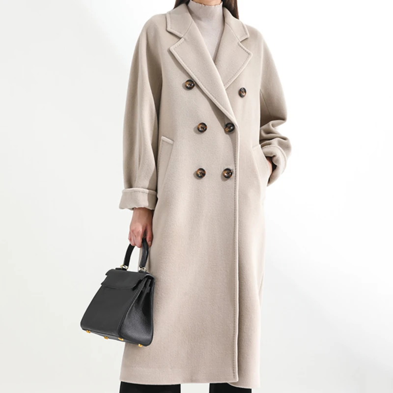 2020 Autumn Winter Mid-Length Woolen Coat Solid Color Double Breasted Cotton Coats Loose Casual Overcoat With Belt | Женская одежда