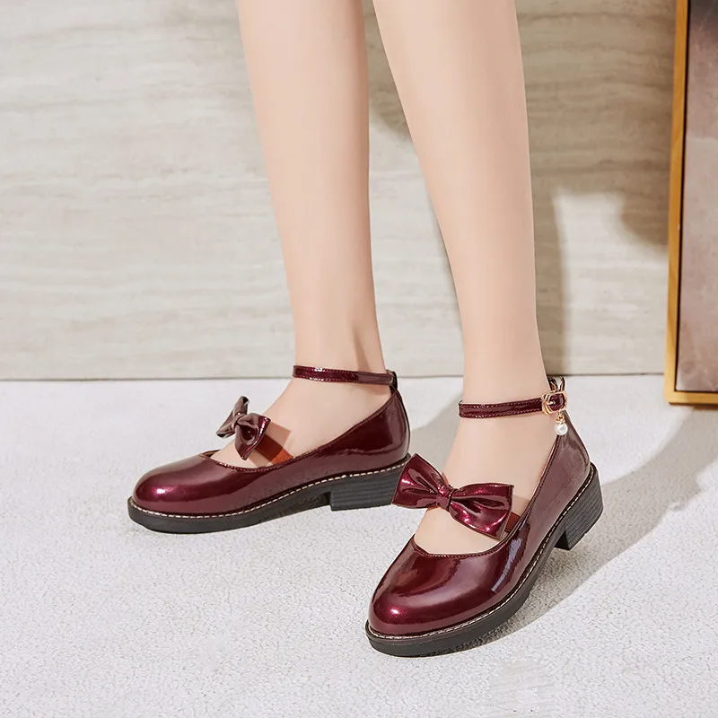 

YQBTDL 2024 New Fashion Man Made Patent Leather Bow Design Mary Jane Shoes Lolita Low Chunky Heels Pumps Black Wine Red 35-43