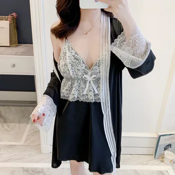 Lisacmvpnel Lace Patchwork Woman Robe Set Imitate Real Silk Nightdress Cardigan Two Paper Suit Bathrobe
Lisacmvpnel Lace Patchwork Woman Robe Set Imitate Real Silk Nightdress Cardigan Two Paper Suit Bathrobe