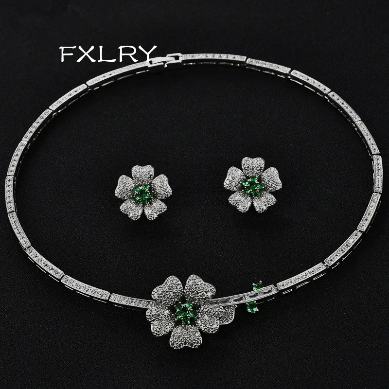 

FXLRY Elegant Micro Inlay AAA+ Cubic Zircon Clear Crystal Flowers Necklaces Earring For Wedding Bride Jewelry Sets Multicolor O