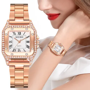 

1PCs Fashion Rhinestone Women Watches Square Dial Ladies Quartz Wristwatch Movement Diamonds Stainless Steel Strap Clock