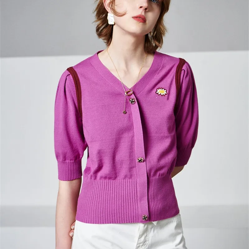 Women Purple Crop Sweater Shirt 2020 Summer V neck PUff Short Sleeve Buttons Pullover Jumper Streetwear Slim Knit Crop Top
Women Purple Crop Sweater Shirt 2020 Summer V neck PUff Short Sleeve Buttons Pullover Jumper Streetwear Slim Knit Crop Top