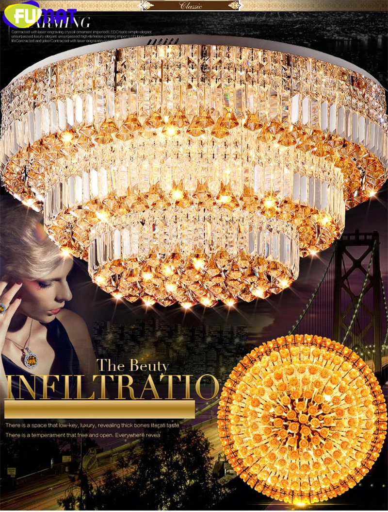 FUMAT Remote Control Round Crystal K9 Stainess Steel LED Ceiling Lamp Luxury Delicate Crystal Balls And Bars For Dining Room