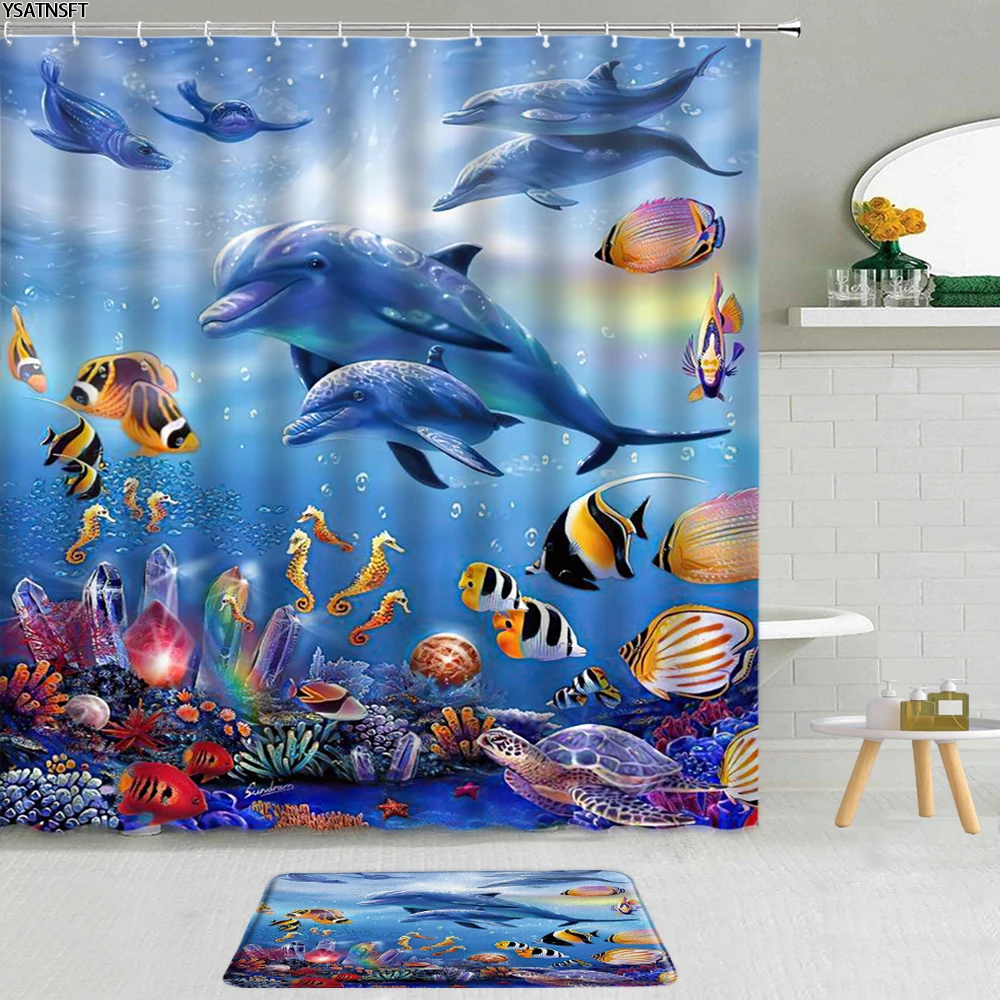 

2Pcs Fantasy Ocean Animal Dolphin Shower Curtain Tropical Fish Coral Colored Waves Bathroom Non-Slip Carpet Bath Mat Decor Set