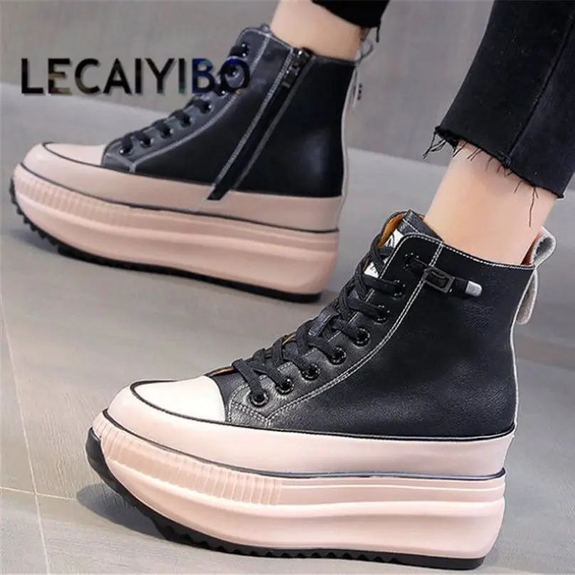 

EUR34-EUR39 Platform Pumps Women Cow Leather Ankle Boots Round Toe Fashion Sneakers Hi-top Increasing Height Oxfords Punk Party