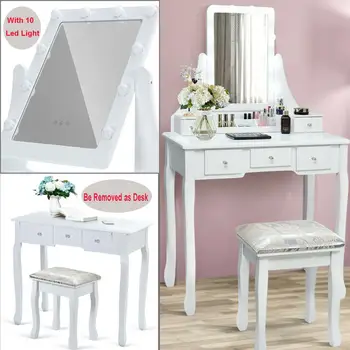 Yonntech Wood Legs Vanity Table Dressing Table Mirror 5 Drawers Furniture White w/ Stool LED Light
Yonntech Wood Legs Vanity Table Dressing Table Mirror 5 Drawers Furniture White w/ Stool LED Light