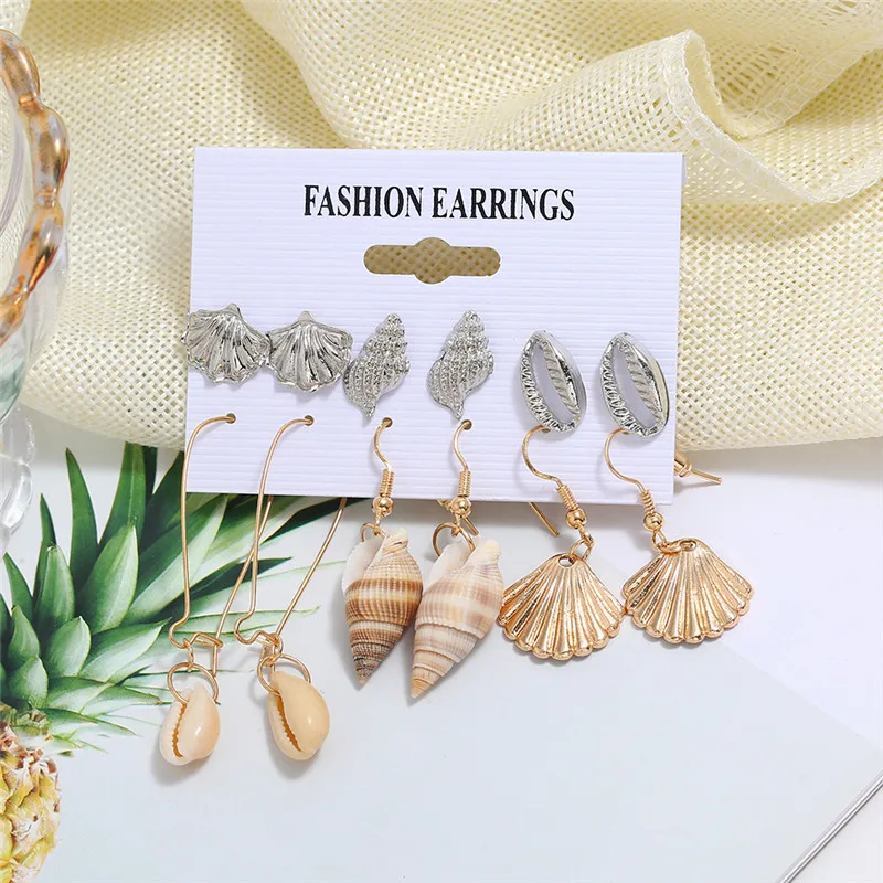 

HOCOLE 6 pair/Set Bohemian Shell Earrings Set For Women Fashion Shell Conch Stud Earring Sets Female 2019 Brincos Beach Jewelry