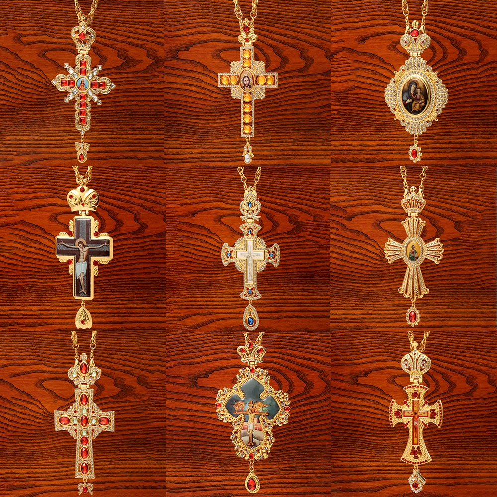 

High Qualit Pectoral Cross Orthodox Jesus Crucifix Pendants Rhinestones Cross Chain Gold Religious Jewelry Pastor Prayer Items