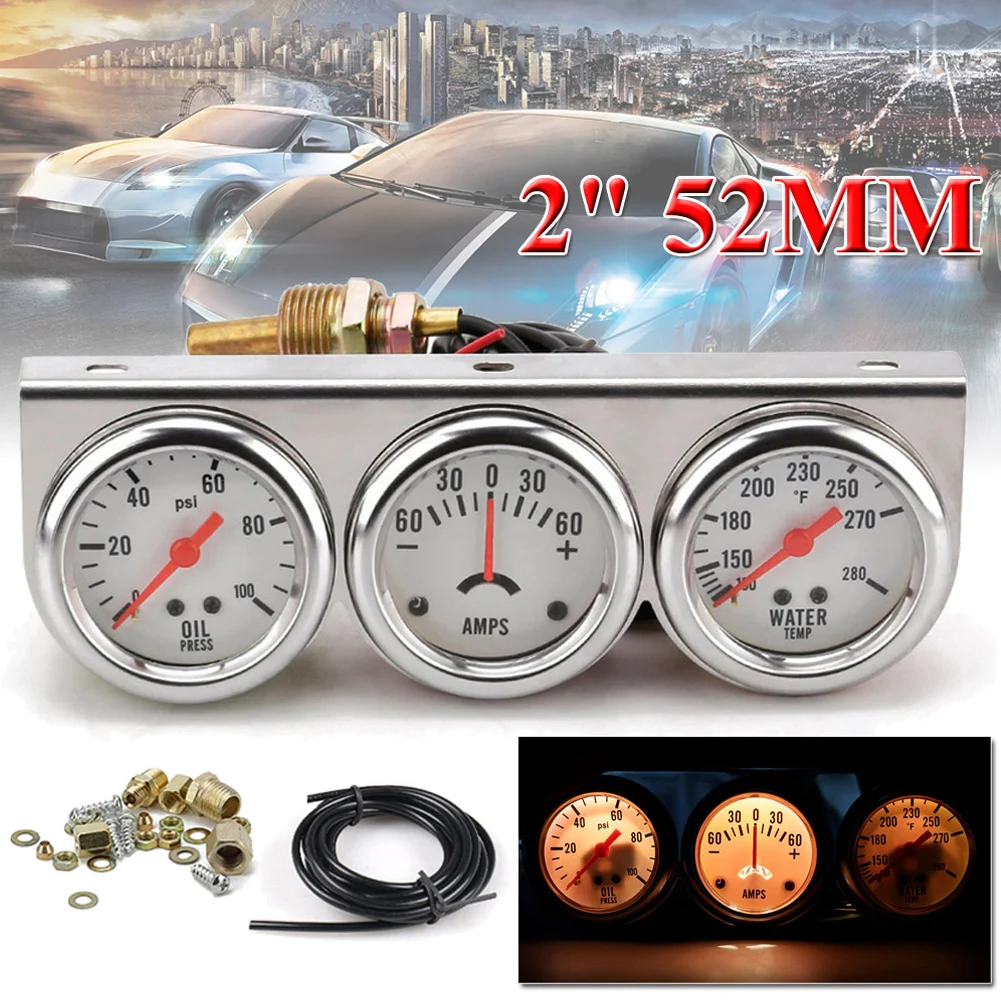Car Chrome Panel Oil Pressure gauge Water Temp gauge Amp Meter Triple Gauge kit Set White Face Car meter
Car Chrome Panel Oil Pressure gauge Water Temp gauge Amp Meter Triple Gauge kit Set White Face Car meter
