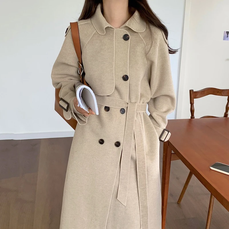 Women's cardigan coat Korean retro style Lapel double breasted loose lace up waistband medium length double faced woolenovercoat
Women's cardigan coat Korean retro style Lapel double breasted loose lace up waistband medium length double faced woolenovercoat