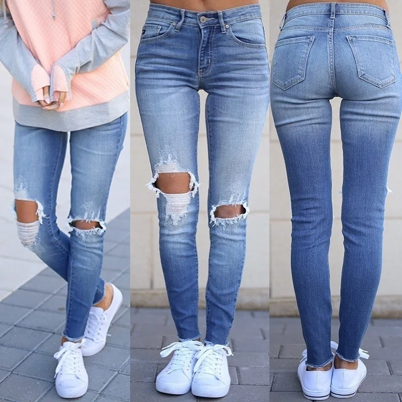 

Women Highwasit Slim Fit Pencil Jeans Casual Ripped Knee Hole Jean Taille Haute Femme Denim Pants Vintage Pantalon Jean Trouser