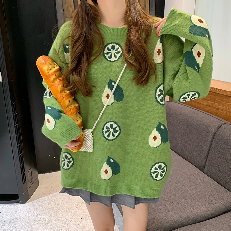 Harajuku Fashion Knitted Sweater Women Casual Loose Long Sleeve Pullover Sweater Cute Avocado Sweet Student Sweater Coat 
Harajuku Fashion Knitted Sweater Women Casual Loose Long Sleeve Pullover Sweater Cute Avocado Sweet Student Sweater Coat
