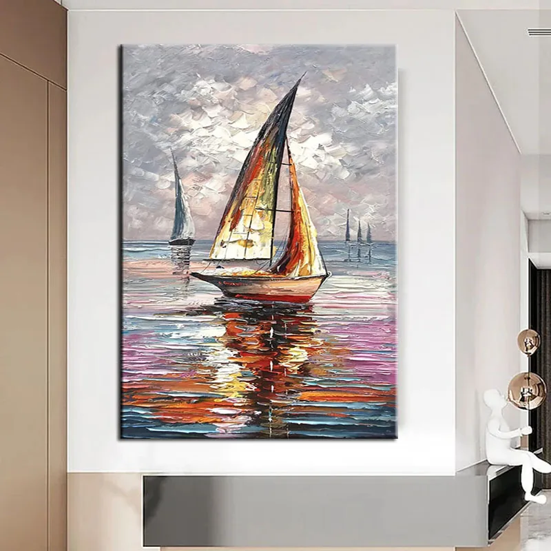 

Высококачественная ручная роспись, современная абстрактная морская пейзаж, картина маслом на паруснике, холст, настенные картины, украшение для дома без рамки