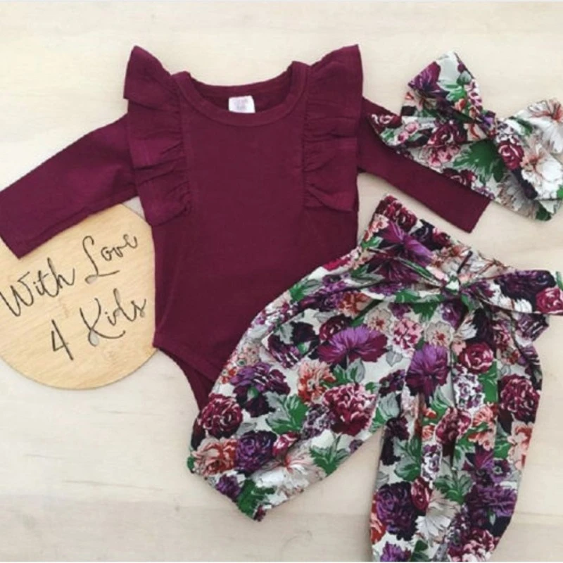 Autumn Baby Clothes Set Long Sleeve Ruffle Tops Romper Purple Floral Pant Big Bow Headband Roupa Infantil Clothing For Baby Girl
Autumn Baby Clothes Set Long Sleeve Ruffle Tops Romper Purple Floral Pant Big Bow Headband Roupa Infantil Clothing For Baby Girl