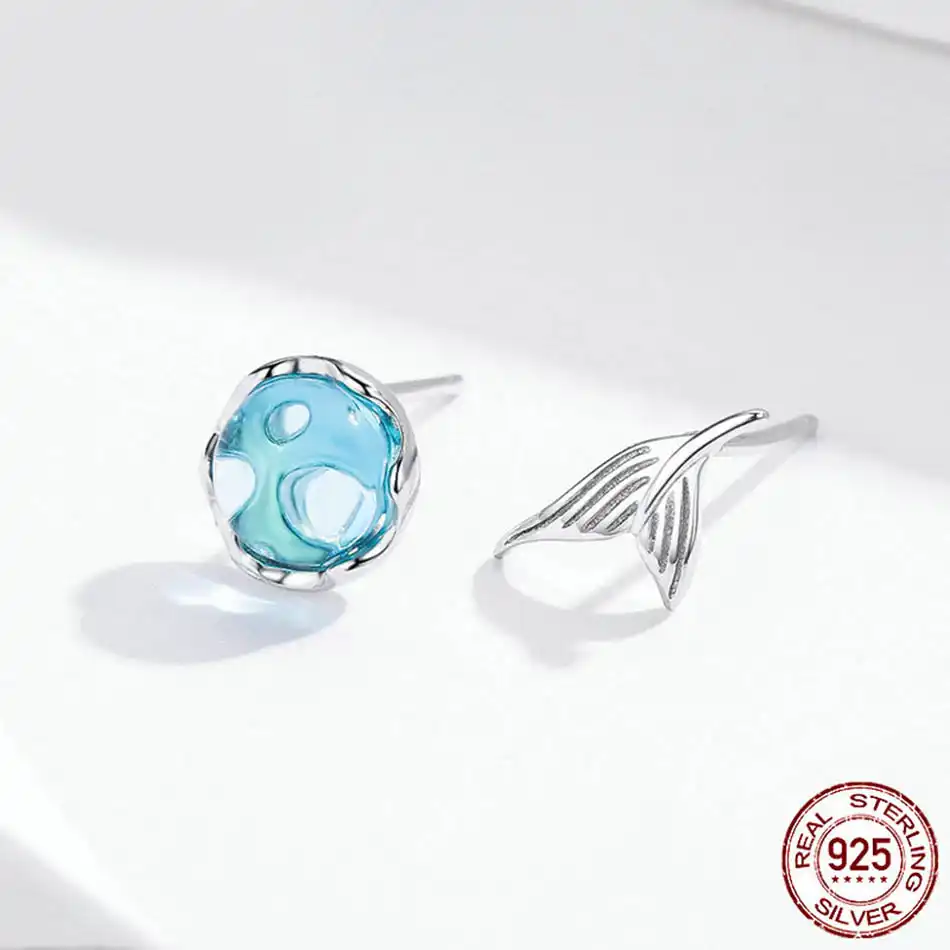 silver earrings mermaid with crystal stud earring for women