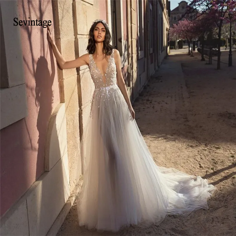 Sevintage Beach Boho Wedding Dresses Plus Size V Neck Lace Appliqued Beaded Bridal Gowns Backless Vestidos De Novia
Sevintage Beach Boho Wedding Dresses Plus Size V Neck Lace Appliqued Beaded Bridal Gowns Backless Vestidos De Novia