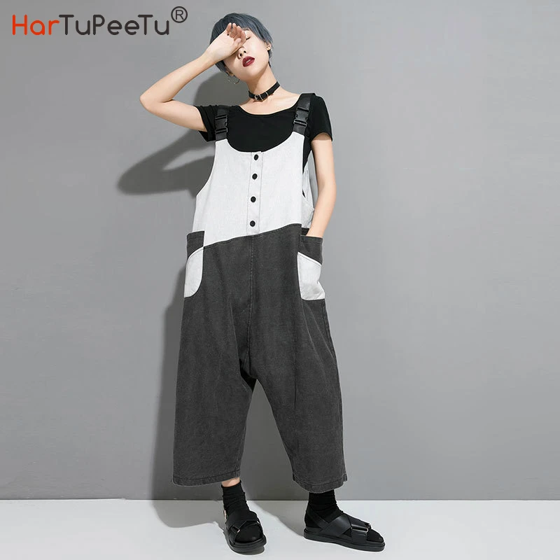 

Street Jumpsuit Women Overalls Plus Size Loose Baggy Bib Pants Colour Block Washed Hip Hop Trouser with Pockets 2020 Autumn