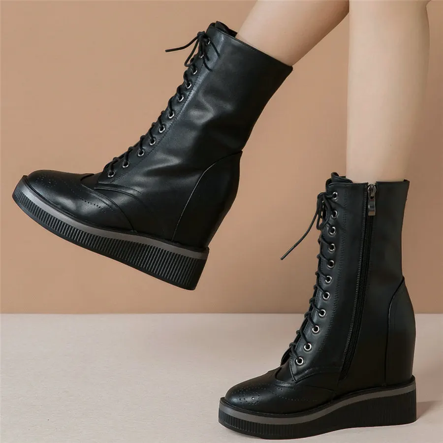 

Platform Oxfords Women Lace Up Cow Leather Wedges High Heel Ankle Boots Female High Top Round Toe Fashion Sneakers Casual Shoes