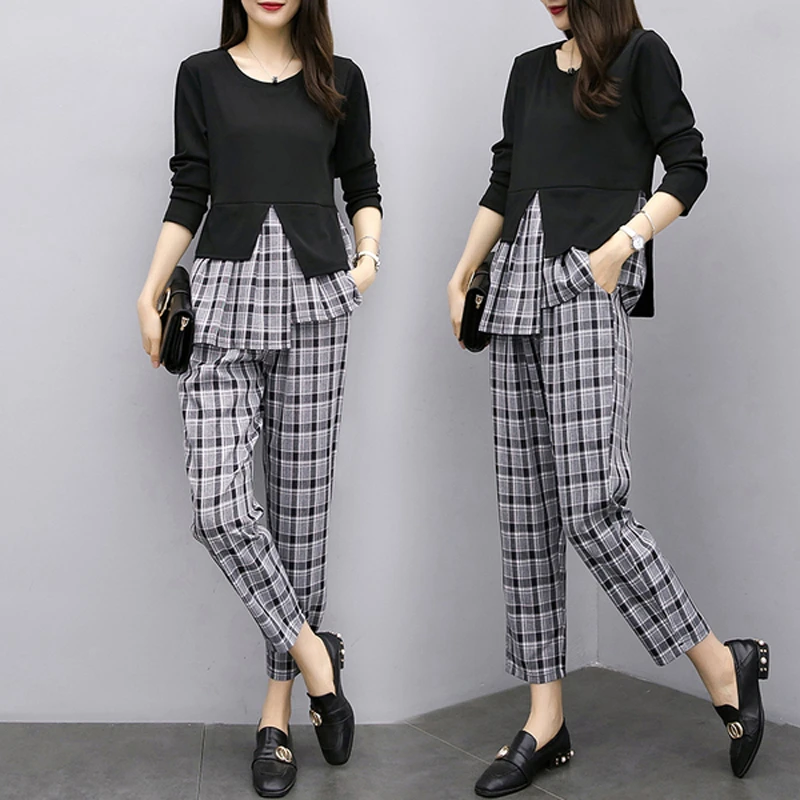 Plaid Stitching Two Piece Set Clothes For Women outfits top and wide pant suits matching Plus Size 3xl 4xl 5xl Women's Suit 
Plaid Stitching Two Piece Set Clothes For Women outfits top and wide pant suits matching Plus Size 3xl 4xl 5xl Women's Suit