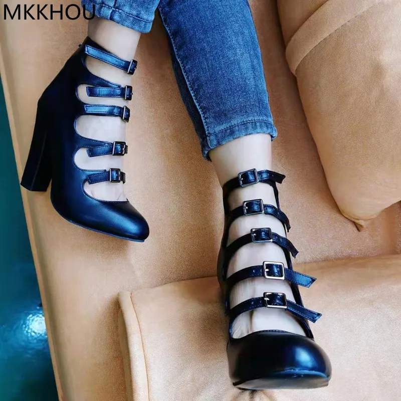 

MKKHOU Fashion Pumps New Original Design Black High Heels Round Toe Belt Buckle Thick Heel Commuter Shoes Mary Janes Large Size