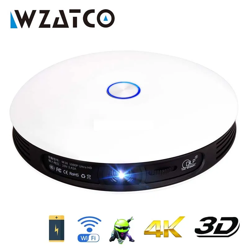 Фото WZATCO Full HD 1080P 4K светодиодный мини DLP 3D проектор Android Smart WIFI 12000 мАч аккумулятор