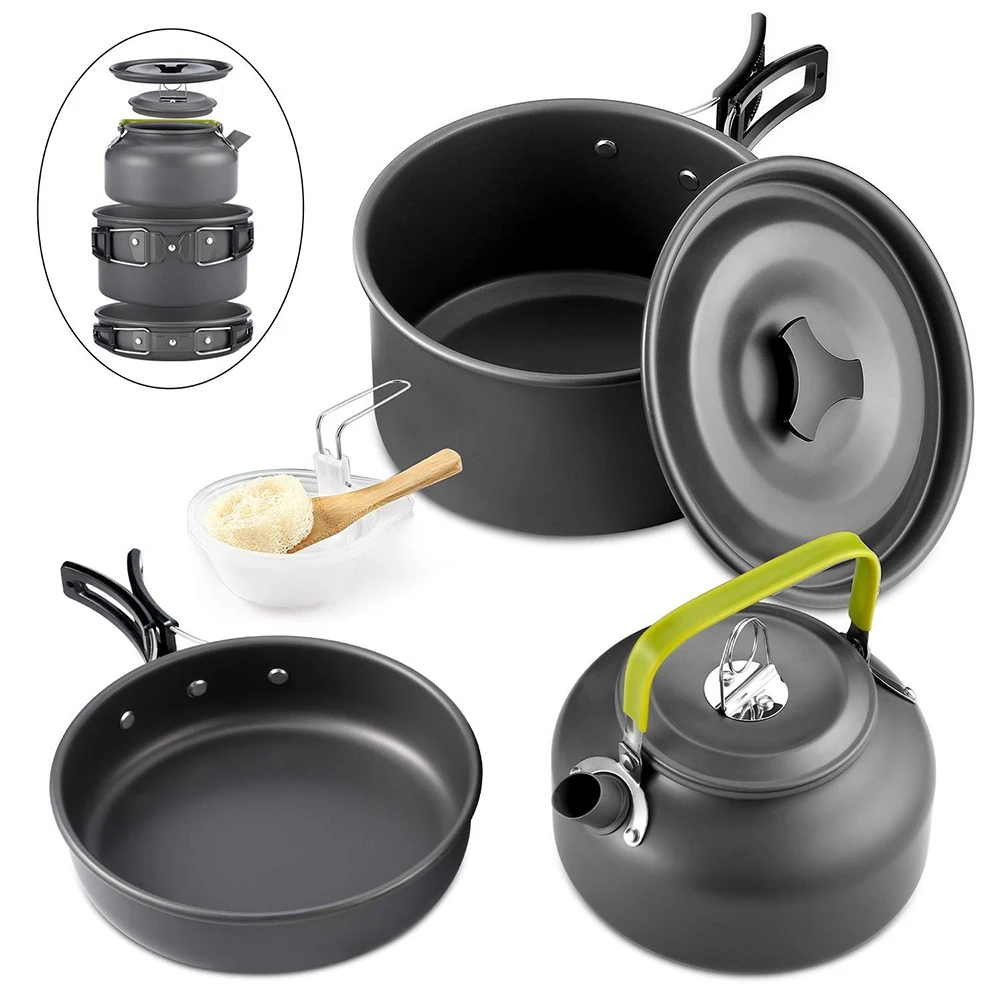 3Pcs/set Ultra-light Aluminum Alloy Camping Cookware Utensils Outdoor Cooking Teapot Picnic Tableware Kettle Pot Frying Pan 
3Pcs/set Ultra-light Aluminum Alloy Camping Cookware Utensils Outdoor Cooking Teapot Picnic Tableware Kettle Pot Frying Pan