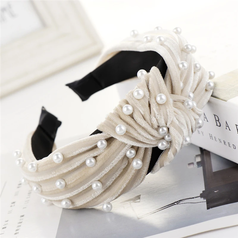 Bohemian Pearl Velvet Braided Headband For Women Rhinestone Knot Hairband Turban Handmade Padded Crown Accessories 1111