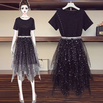 

2020 Two Piece Suits Plus Size Fat Black T-Shirt Sequin Layered Ball Gown Mesh Skirt Princess Female Dress