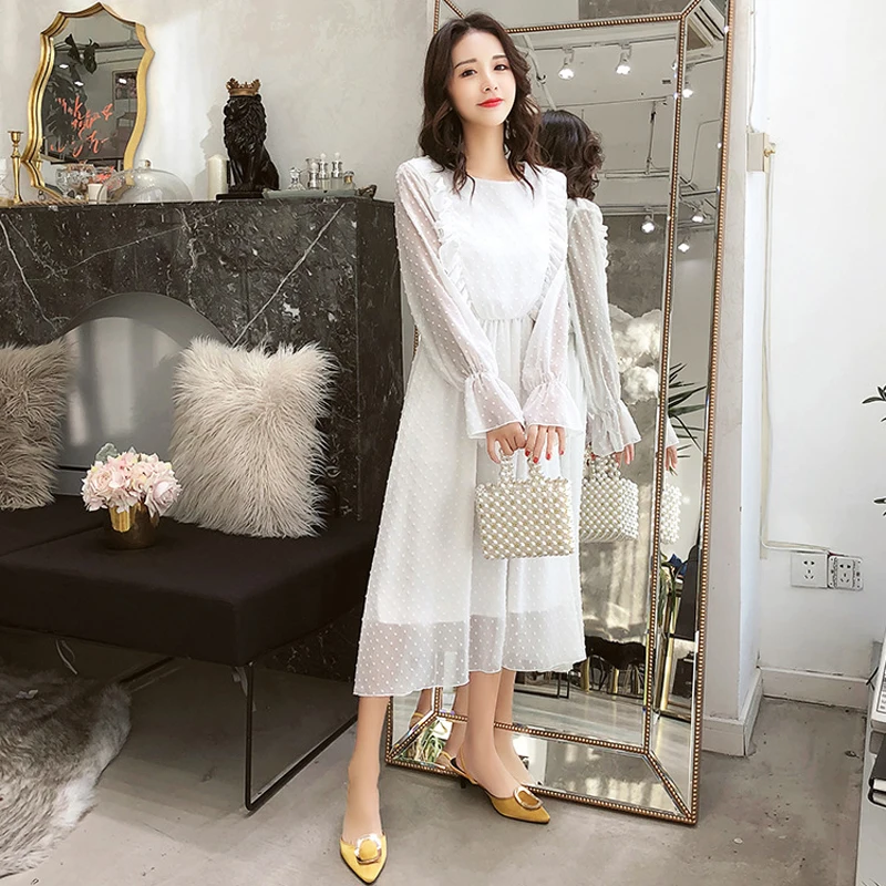 Ruffle Floral Women White Chiffon Dress Autumn Elastic Waist Flare Long Sleeve Female Midi Vestido Vintage Loose Elegant Dresses
Ruffle Floral Women White Chiffon Dress Autumn Elastic Waist Flare Long Sleeve Female Midi Vestido Vintage Loose Elegant Dresses