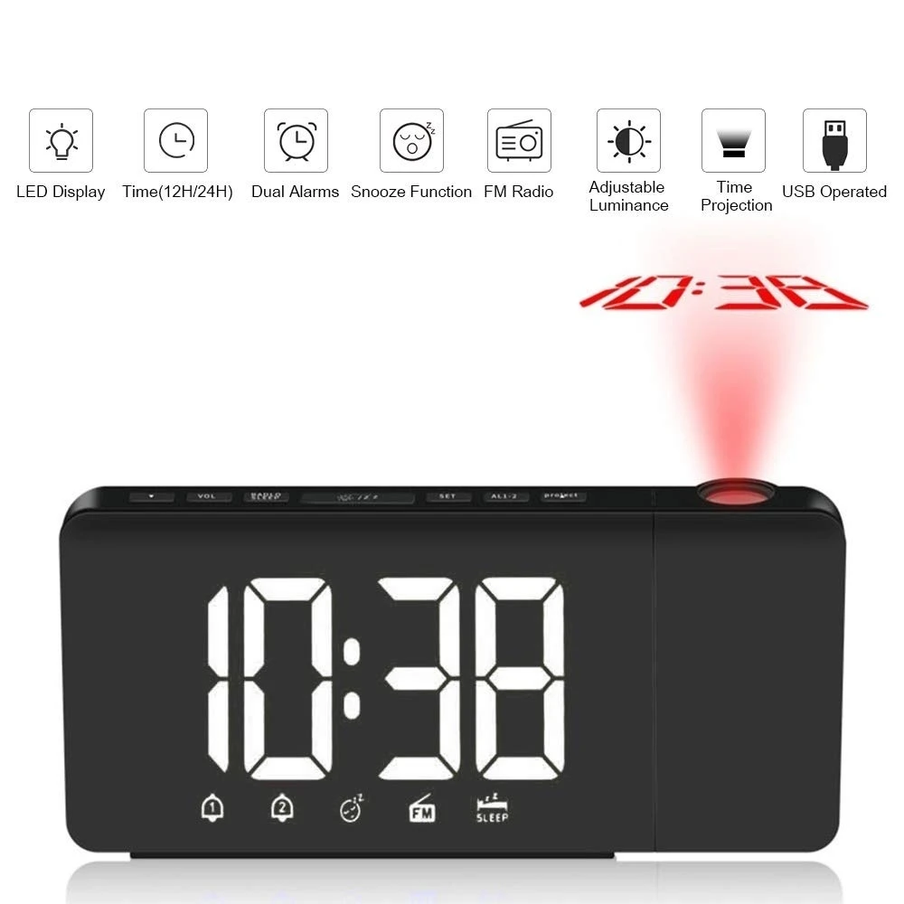 LED Time Projection Digital Alarm Clock FM Radio Snooze Function Table Clock Adjustable Lighting Desk Clocks with Time Memory
LED Time Projection Digital Alarm Clock FM Radio Snooze Function Table Clock Adjustable Lighting Desk Clocks with Time Memory