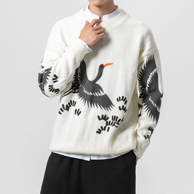 Male Women Streetwear Hip Hop Vintage Fashion Sweaters Lovers Clothing Men Crane Pattern Casual O-neck Pullovers Knitted Sweater | Мужская