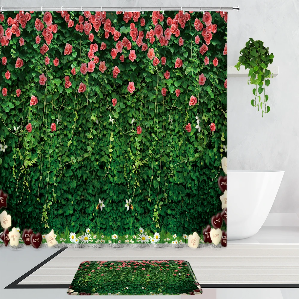 

3D Flowers Garden Plants Shower Curtains Ivy Green Leaf False Wall Art Background Fabric Home Decoration Curtain Bath Mat Carpet