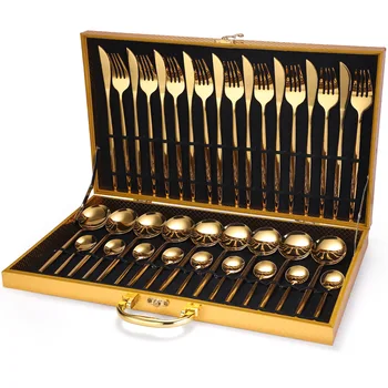 24pcs Gold Dinnerware Set Stainless Steel Tableware Set Knife Fork Spoon Luxury Cutlery Set Gift Box Flatware Dishwasher Safe
24pcs Gold Dinnerware Set Stainless Steel Tableware Set Knife Fork Spoon Luxury Cutlery Set Gift Box Flatware Dishwasher Safe