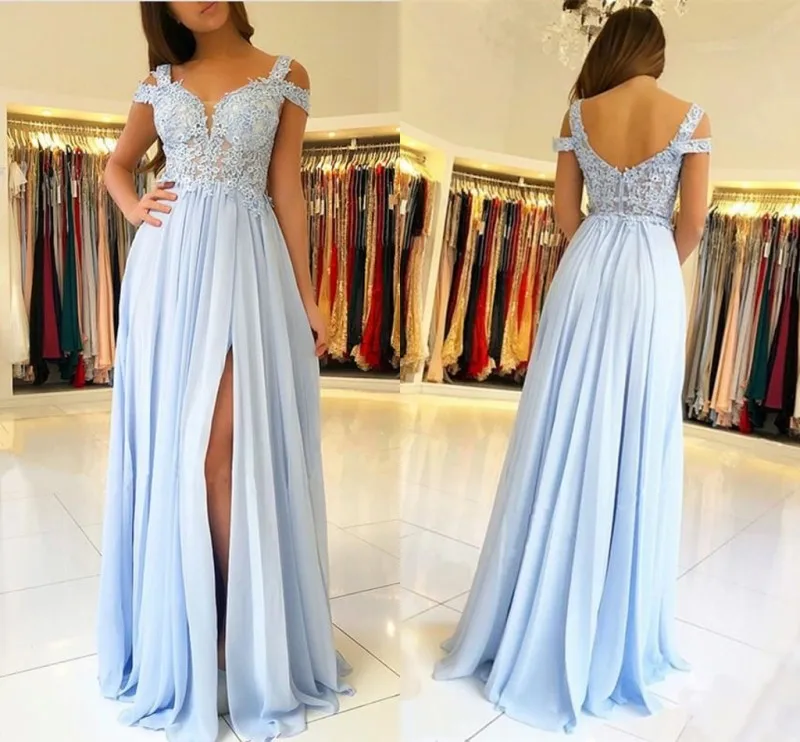 New Sky Blue Evening Dresse Long Side Split Off Shoulder Lace Appliques Prom Party Gowns Robe De Soriee
New Sky Blue Evening Dresse Long Side Split Off Shoulder Lace Appliques Prom Party Gowns Robe De Soriee