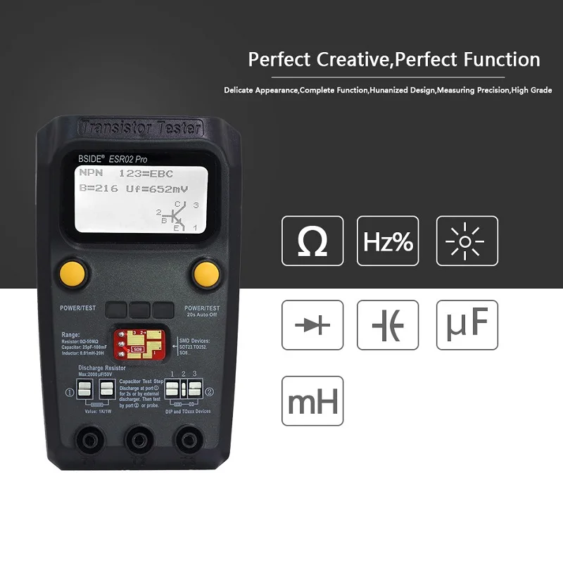 BSIDE ESR02PRO Digital Transistor Tester SMD Components Diode Triode Resistance Capacitance Inductance Multimeter ESR Meter
BSIDE ESR02PRO Digital Transistor Tester SMD Components Diode Triode Resistance Capacitance Inductance Multimeter ESR Meter