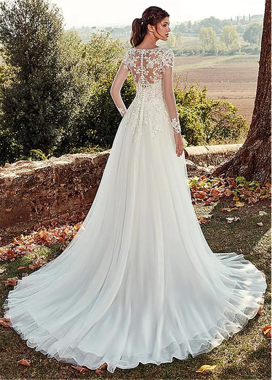 

Tulle Jewel Neckline A-line Wedding Dresses With Illusion Back Lace Appliques Long Sleeves Bridal Dress vestido de noche