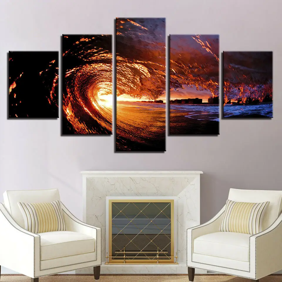 

No Framed 5 pieces Sunset Ocean Huge Waves Sea Water Home Decor Modular Picture Modern Canvas Paintings Printed Posters Wall Art